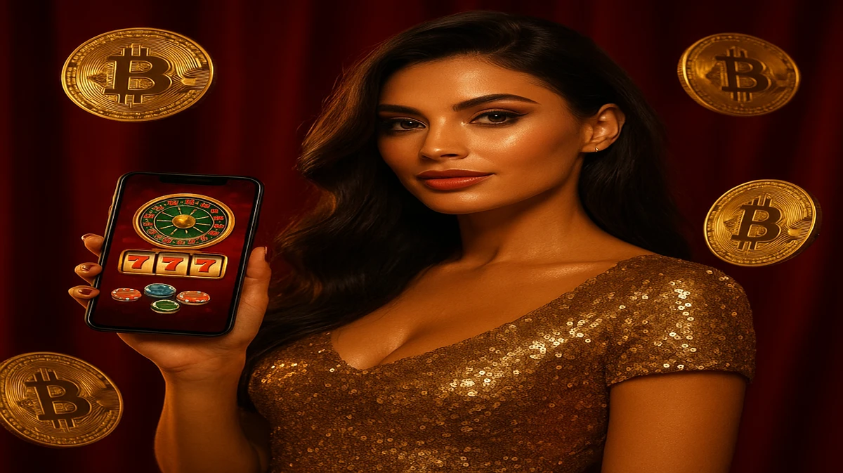 একটি সুন্দর এশীয় নারী, জ্বলজ্বলে সোনালি পোশাক পরা, একটি স্মার্টফোন ধরে আছেন; চারদিকে স্বর্ণামুদ্রা বৃষ্টির মতো ছড়িয়ে পড়ছে, tk66-র ক্রিপ্টো গেমিং প্ল্যাটফর্মের গেমগুলো প্রচারের জন্য।