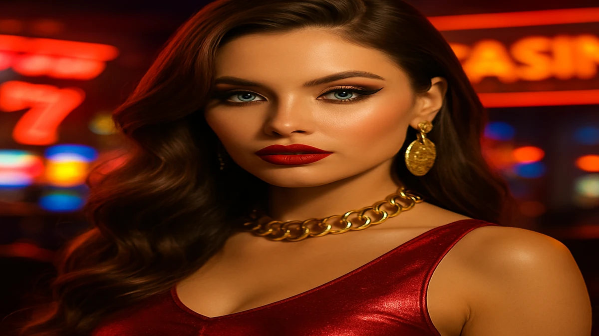 একজন গ্ল্যামারাস নারী, সূক্ষ্ম মেকআপ ও জুয়েলারিতে জড়িত, tk66-র প্রাণবন্ত গেমিং প্ল্যাটফর্মে হাসি ছড়িয়ে হাসছেন; পটভূমিতে আরকেড গেমের রঙিন আলোগুলো ধীরে ধীরে ম্লান হয়ে গেছে।