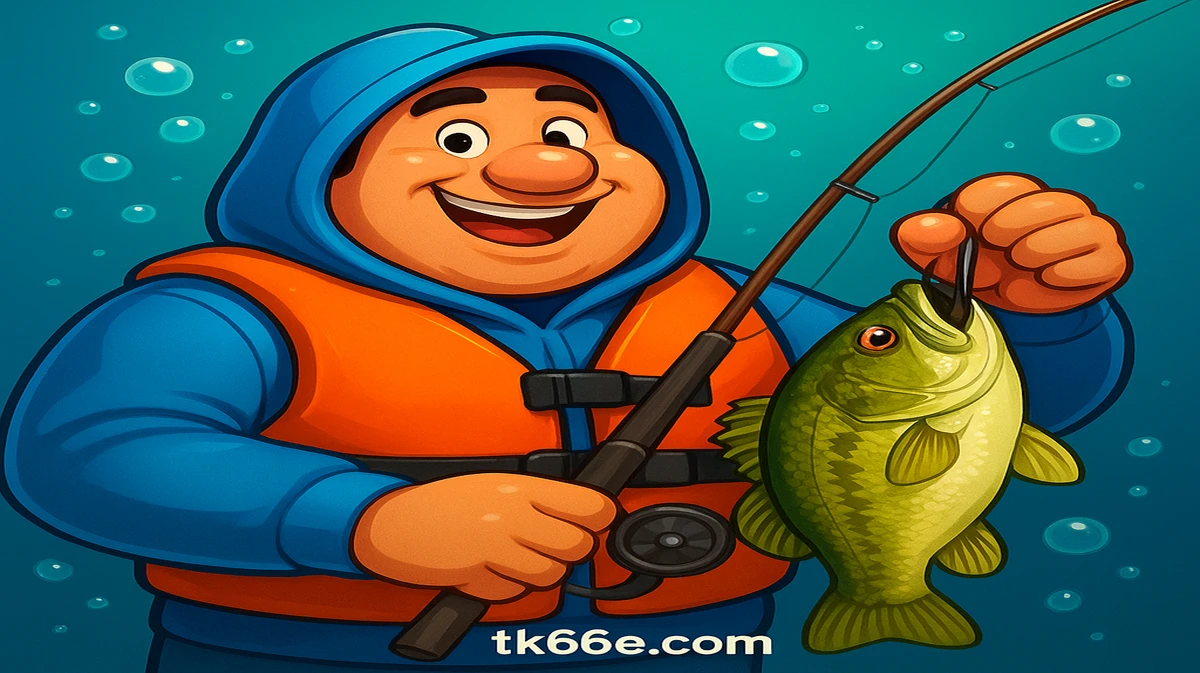 tk66-এ উপলব্ধ বিগ বাস মাছ ধরার থিম-গেমটির কার্টুন চরিত্রটি পানির নীচে একটি মাছ ও একটি মাছ ধরার ছিপ গর্বিতভাবে ধরে আছে।